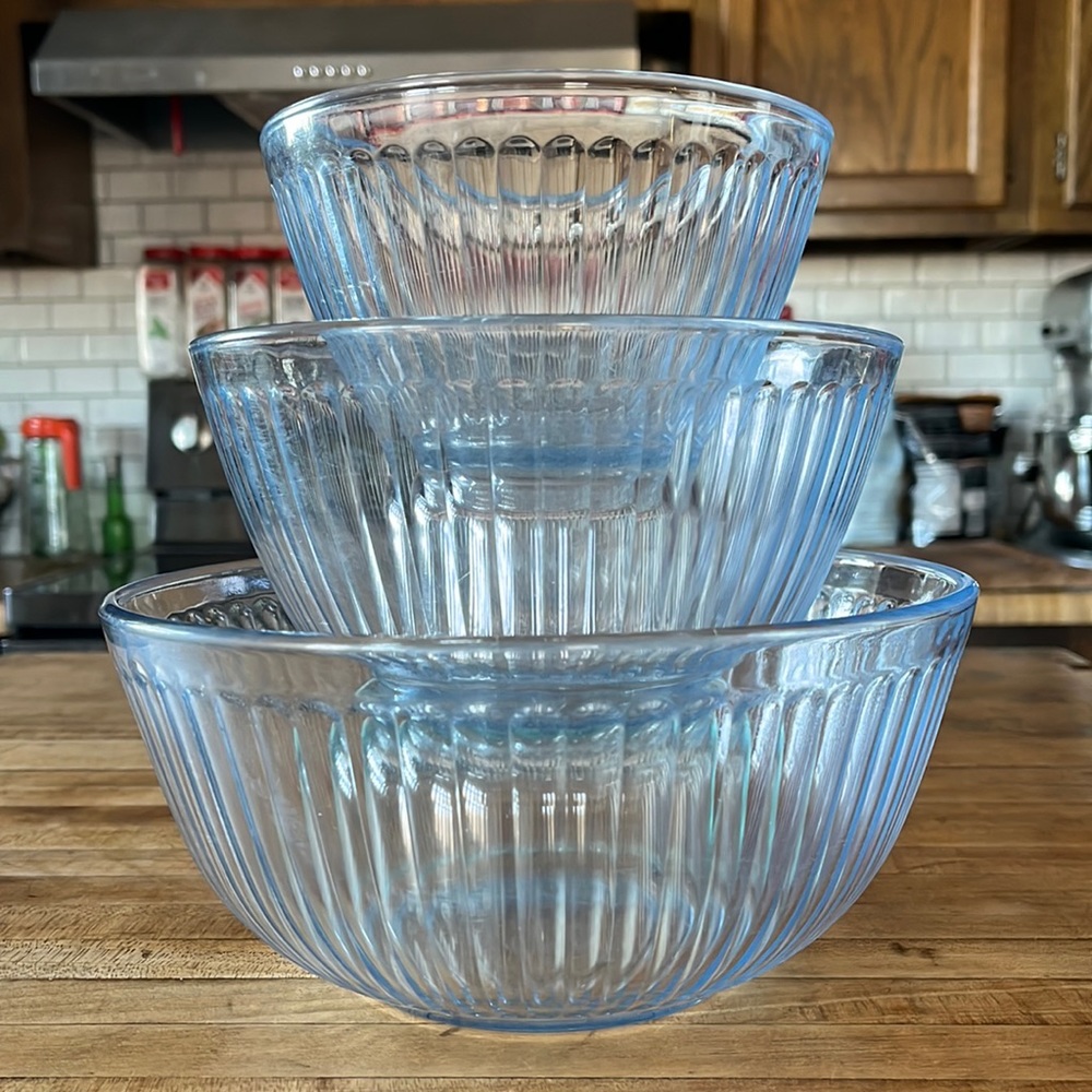 Pyrex Light Blue Ribbed Bowls